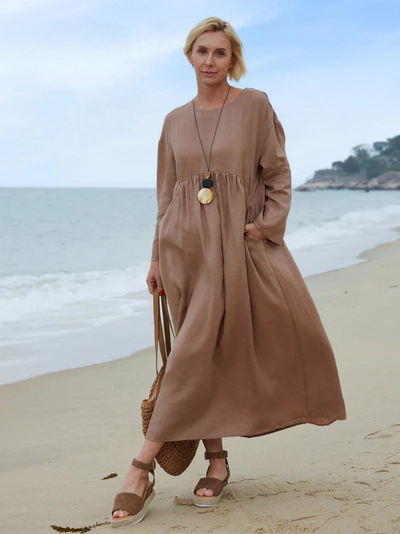 Nora - Linen Crew Neck Pocket Dress