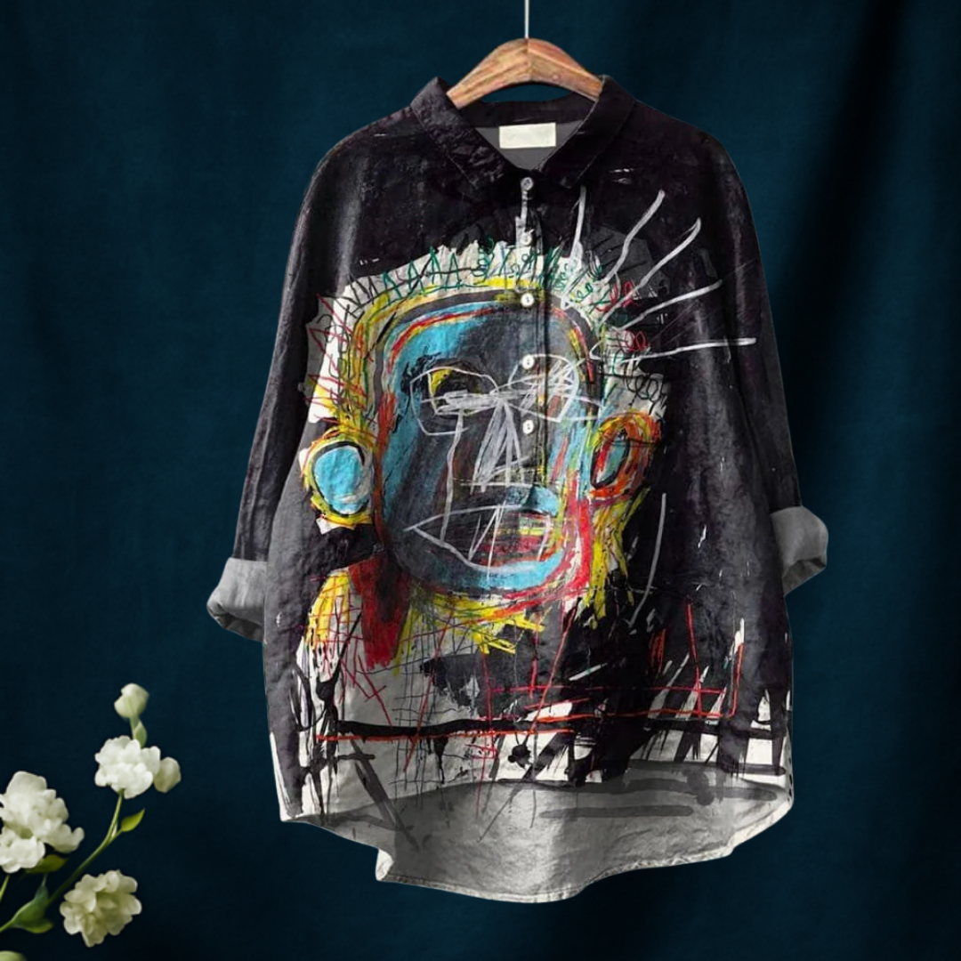 Vintage Abstract Figure Painting Art Print Casual Cotton And Linen Shirt