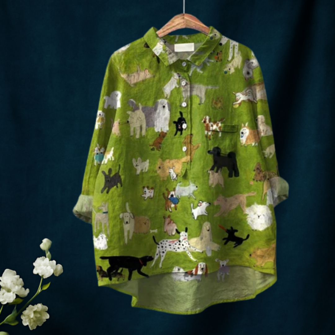 Women's Cute Dog Art Print Casual Cotton And Linen Shirt