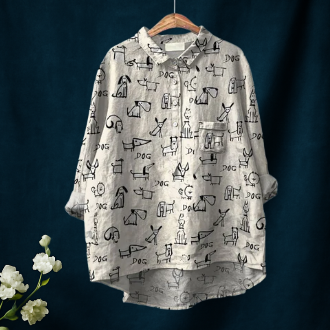 Women's Cute Dog Print Casual Cotton And Linen Shirt