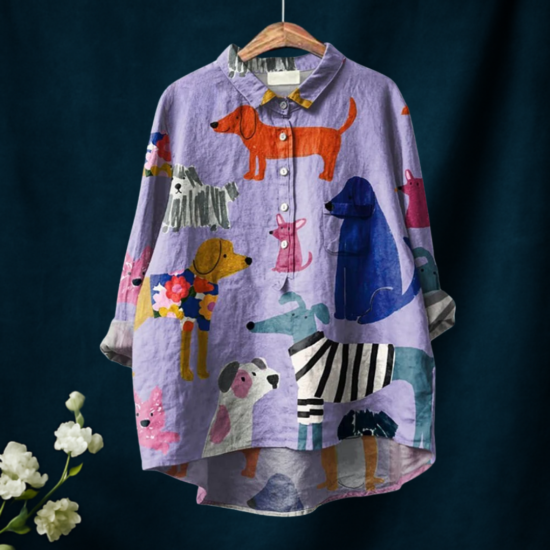 Women's Dog  Art Print Casual Cotton And Linen Shirt
