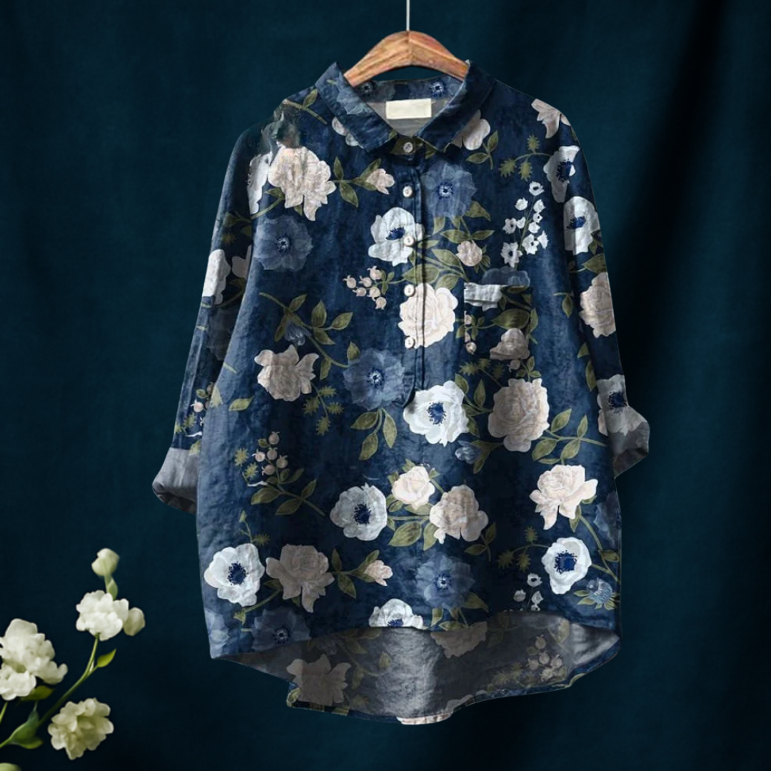 Women's Floral Art Print Casual Cotton And Linen Shirt