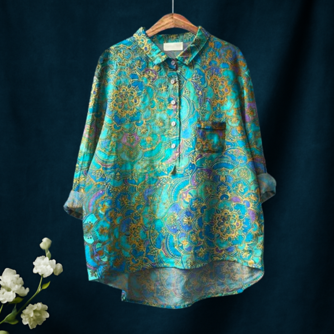 Women's Retro Art Print Casual Cotton And Linen Shirt