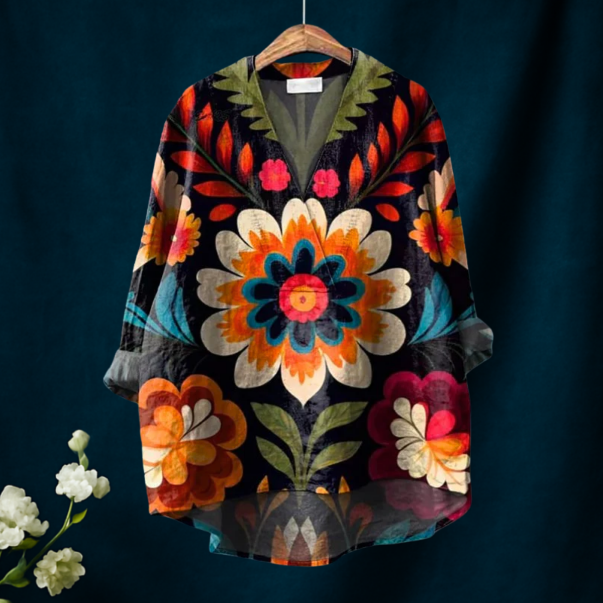 Women's Retro Flowers Print Casual  V-neck Shirt