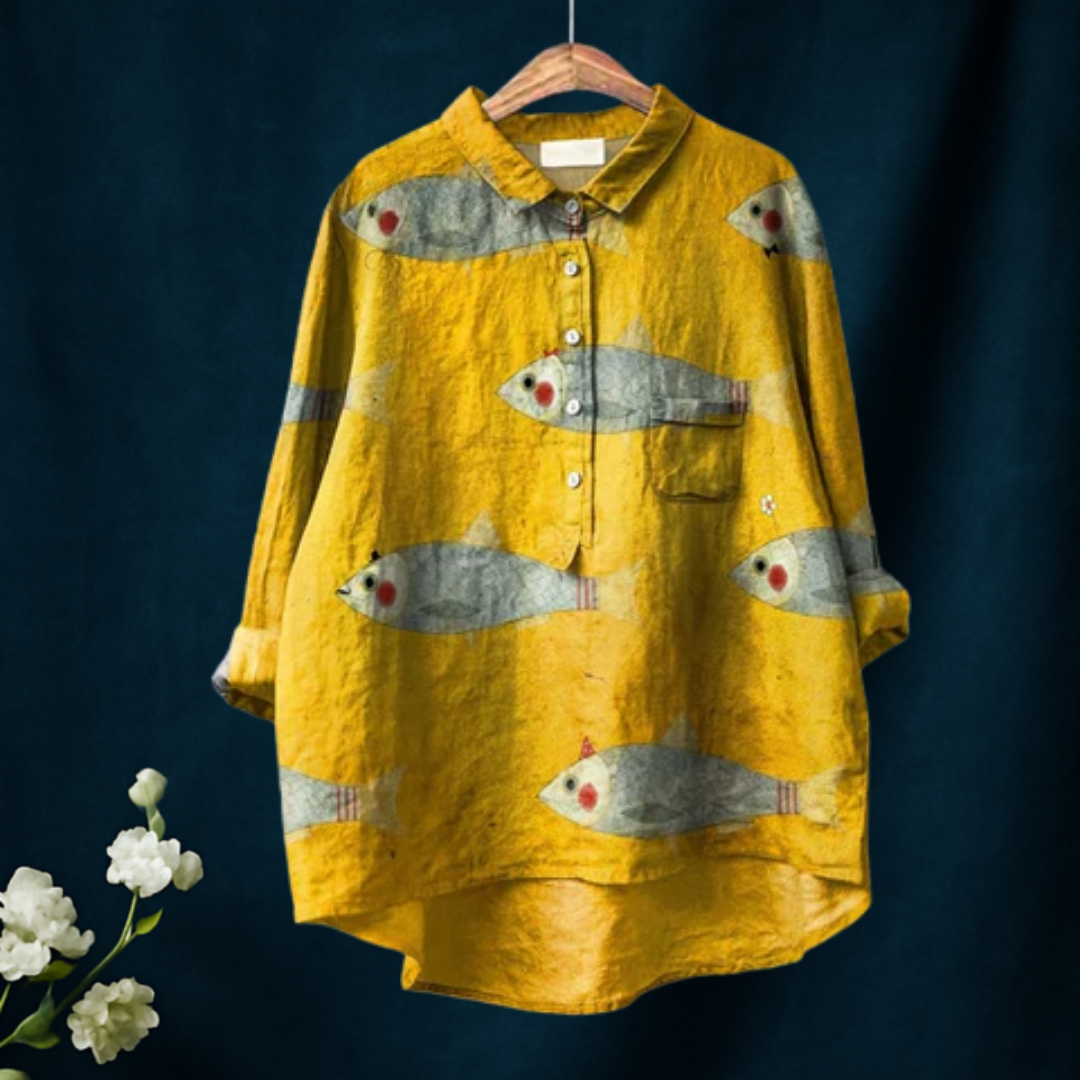 Women's Vintage Fish Art Print Casual Cotton And Linen Shirt