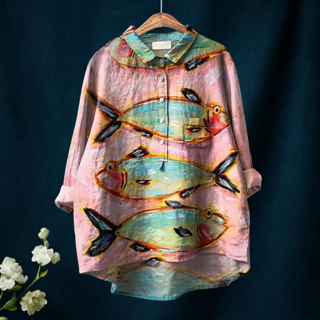Women's Vintage Fish Art Print Casual Cotton And Linen Shirt