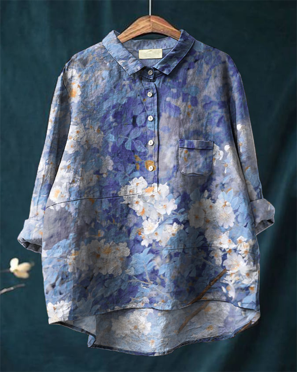 Women's Retro Floral Print Casual Cotton and Linen Shirt
