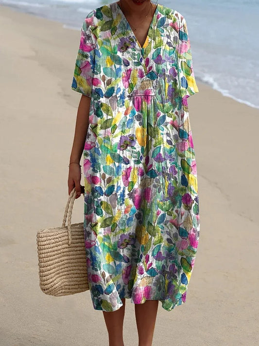Abstract Watercolor Floral Pattern Printed Women's Flowy Dress