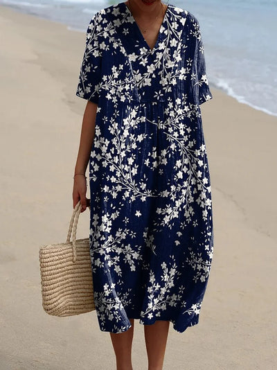 Women's Navy Blue Background and White Background Print Pocket Linen Dress