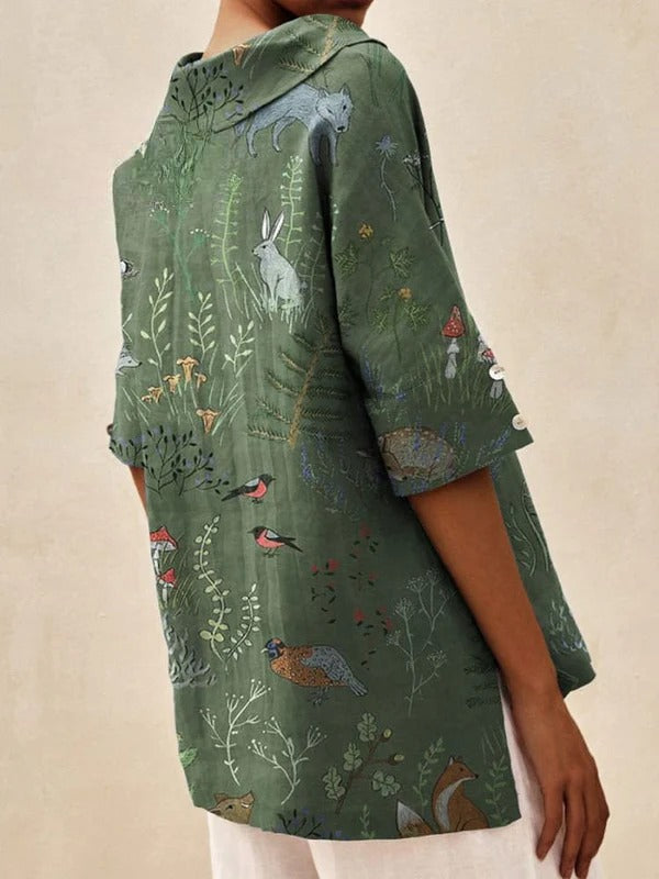 Julia – Woodland Print V-Neck Blouse
